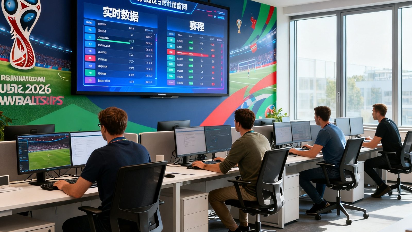 2026世界杯官网团队在苏黎世办公室内，大屏幕显示实时数据与赛程